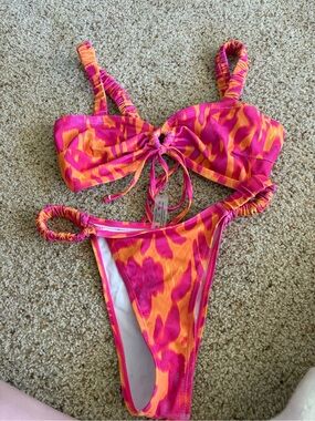 chic Pink and Orange Tie-Back Bikini Top